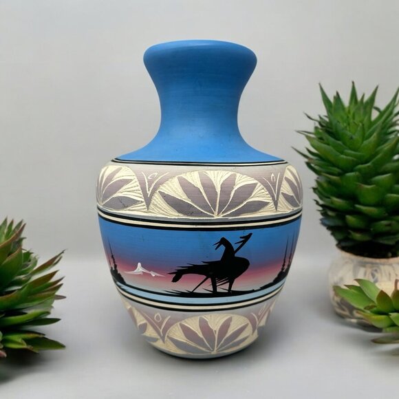 Navajo Native American Pottery Vase Blue Sunset Silhouette Design Signed 8 Inch - Picture 1 of 11
